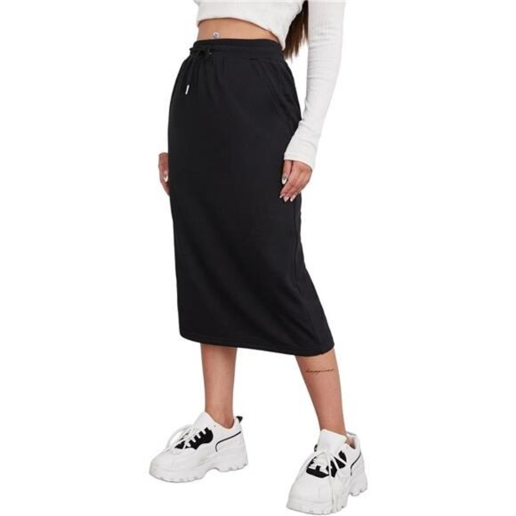 Women's Midi Skirt Drawstring High Waist Sweat Skirts with Pockets - Picture 3 of 7